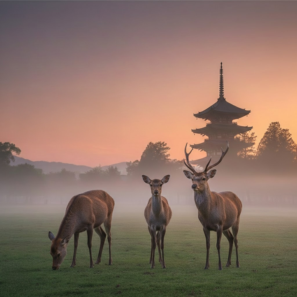 三頭の鹿と塔の画像